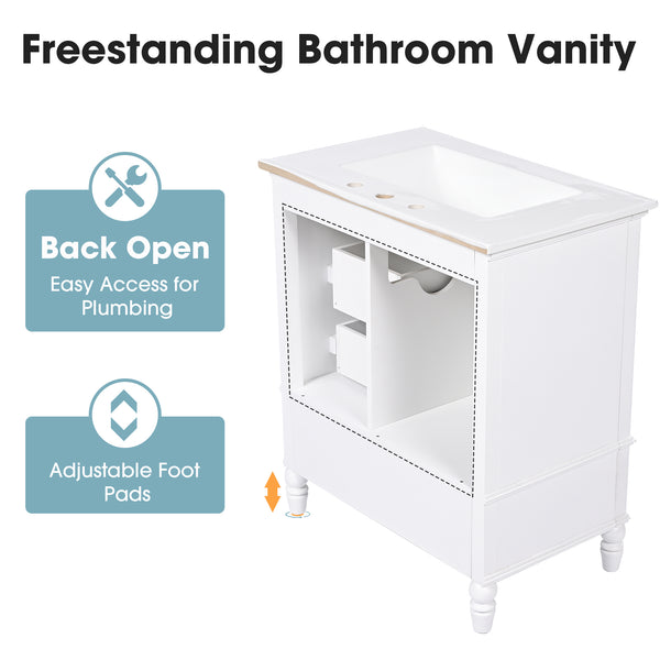 English Elm Christopher Knight Home® - 30" Bathroom Vanity with Ceramic Sink, Acacia & MDF Cabinet, Soft-Close Door & Drawers White N759P346895K