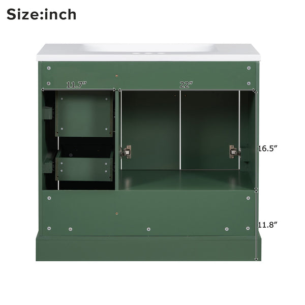 English Elm 36-inch Green Traditional Bathroom Vanity with Resin Sink, 2 Doors 4 Drawers, Gold Handles, Soft-Close hinges, 36"W x 18"D x 34"H SV000026AAF