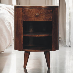 English Elm Solid Chestnut Wood Round Nightstand Brass Pull Drawer Open Shelf Bedroom Accent B182P279261