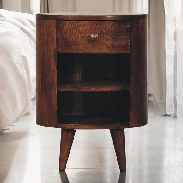 English Elm Solid Chestnut Wood Round Nightstand Brass Pull Drawer Open Shelf Bedroom Accent B182P279261