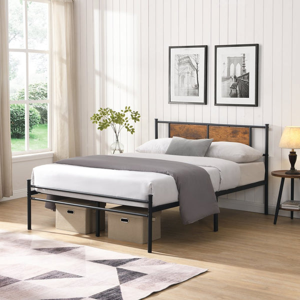 English Elm Queen Steel Bed Frame with Wood Panel Headboard for Modern Bedroom Storage W311P248423
