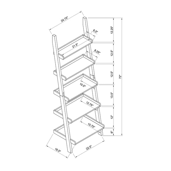 English Elm Bookcase five-shelf ladder with triple wrap molding, modern multi-depth tiers and rounded shelf barriers B107P302905