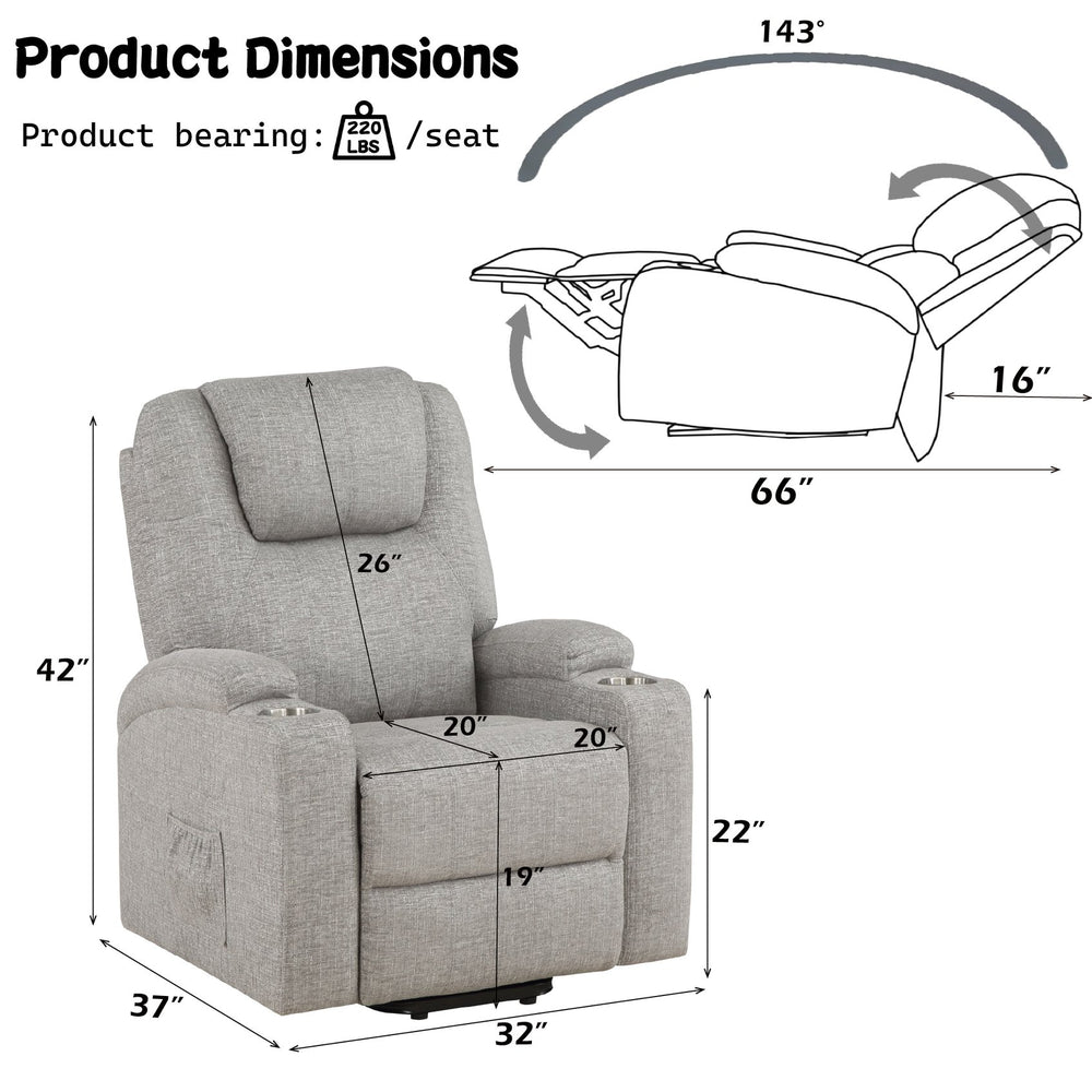 English Elm Light Gray Plush Chenille Recliner with Power Lift, Massage, Dual Cup Holders & Pocket Coil Comfort B2726P405681