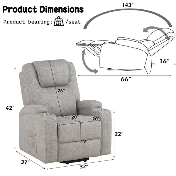 English Elm Light Gray Plush Chenille Recliner with Power Lift, Massage, Dual Cup Holders & Pocket Coil Comfort B2726P405681