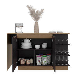 English Elm Wenge Two-tone Oak Kitchen Island with Stemware Rack Open Shelving and Cabinet B062S01861