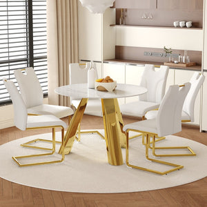 English Elm Table 7-Piece Dining Set - 42" Round Snow Mountain White Sintered Stone Table & Elegant Chairs W2920S00046-GIGA