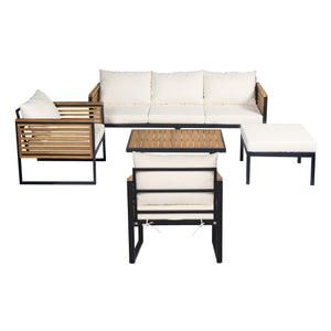 English Elm Outdoor Acacia Wood Iron Frame Patio Sofa Set with High Back Cushioned Seating N757S554897B
