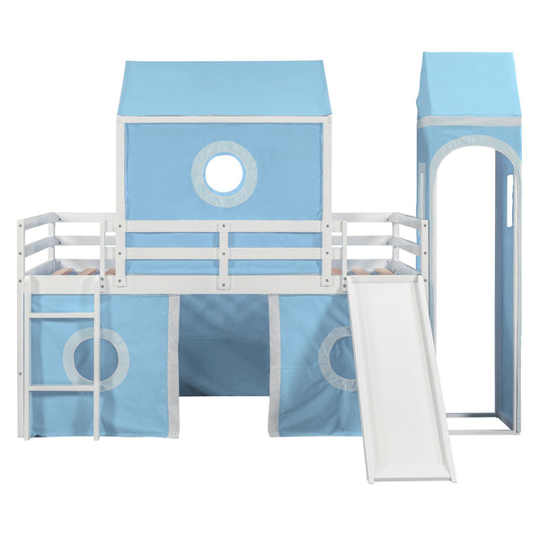 English Elm Twin Castle Loft Bed with Slide Tent and Tower Pinewood Playhouse Frame for Kids N708P249475C