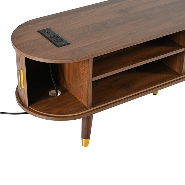 English Elm Wooden Fluted Tambour Media Console Mid Century Modern Tv Stand with Built in Charging Walnut N721P428444D