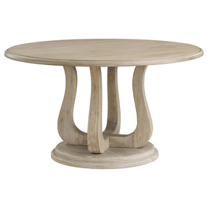 English Elm Rodota Round Pedestal Dining Set Whitewash Rubberwood Table Four Upholstered Chairs B062S01772
