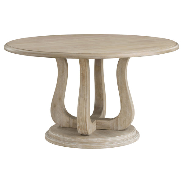 English Elm Rodota Round Pedestal Dining Set Whitewash Rubberwood Table Four Upholstered Chairs B062S01772