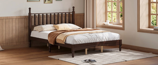 English Elm Queen Wood Platform Bed with Gourd-Shaped Headboard, Retro-Inspired Solid Frame, Slat Support, Sturdy Elegance Walnut 64.8 L x 17.5 W x 9.5 H N733P206242D