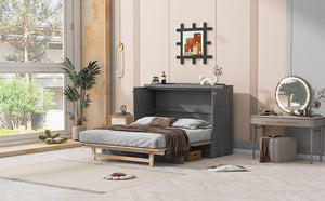 English Elm Queen Murphy Wall Bed with Rattan Panel Cabinet and Storage Drawers for Studio Rooms Gray LP000676AAE