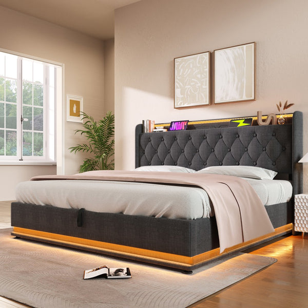 English Elm King Upholstered Bed with Surround LED, App/Remote Control, Hydraulic Storage, USB Type-C Charging Gray N736P188808G