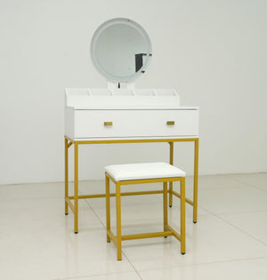 English Elm Vanity Chic Ancient White Makeup Table with Mirror & Stool, Gold Accents, Compact Storage for Small Spaces W2139P306366