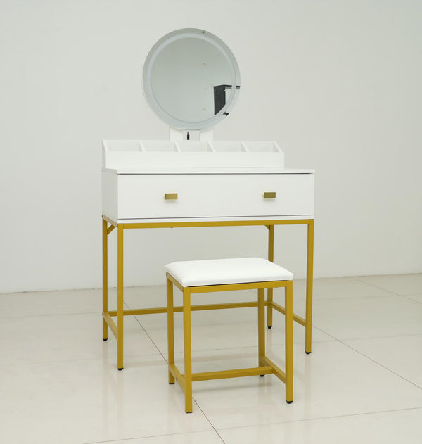 English Elm Vanity Chic Ancient White Makeup Table with Mirror & Stool, Gold Accents, Compact Storage for Small Spaces W2139P306366
