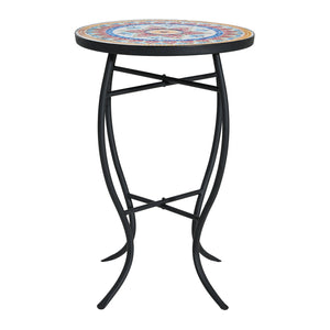 English Elm Outdoor Mosaic Ceramic Tile Round Side Table with Curved Wrought Iron Patio Accent Red+Black N773P365597R