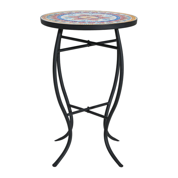 English Elm Outdoor Mosaic Ceramic Tile Round Side Table with Curved Wrought Iron Patio Accent Red+Black N773P365597R