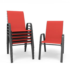 English Elm 7-piece Outdoor Dining Set with Wood-grain Steel Table Umbrella Hole Six Ergonomic Chairs Black+Red W3979S00041