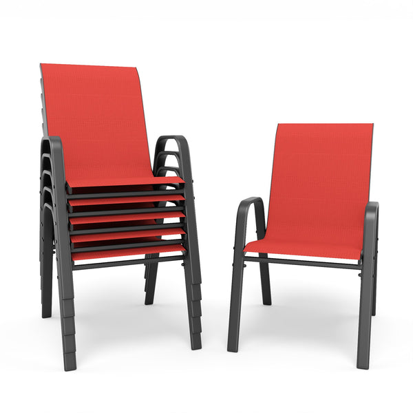 English Elm 7-piece Outdoor Dining Set with Wood-grain Steel Table Umbrella Hole Six Ergonomic Chairs Black+Red W3979S00041