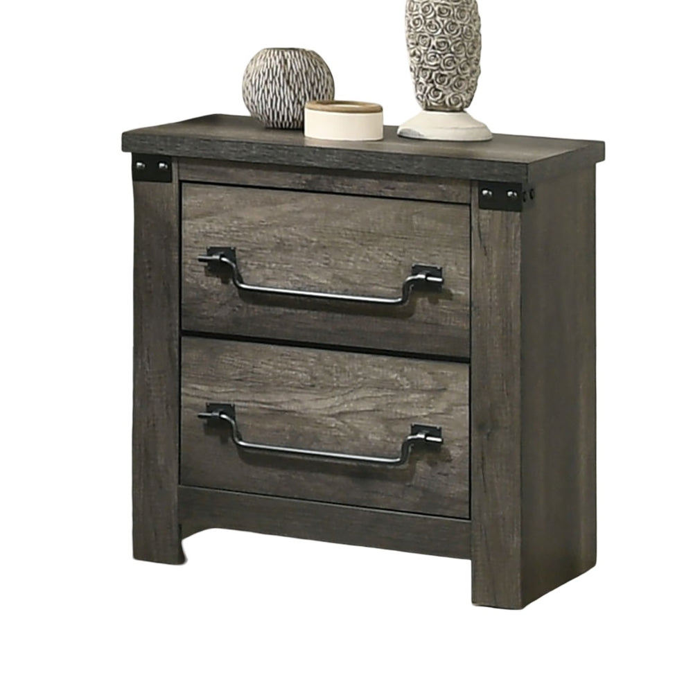 English Elm Farmhouse Rustic Gray Nightstand 23"W x15"D x25"H with Antique Brass Drop Handles & Metal Accent Trim B011P326198
