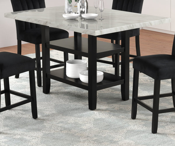 English Elm 1pc Pub‑Height Faux Marble Table 42x60x36" – Modern Black Metal Base, Lower Shelf Storage, Elegant Dining B011P400839