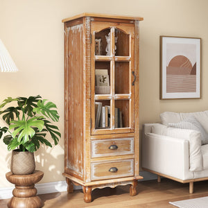 English Elm Rustic Solid Wood Tall Narrow Cabinet with Cutout Door Two Drawers Farmhouse Storage Antique Brown W2295P457182