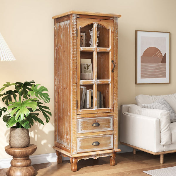 English Elm Rustic Solid Wood Tall Narrow Cabinet with Cutout Door Two Drawers Farmhouse Storage Antique Brown W2295P457182
