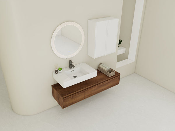 English Elm 60-Inch Wall-Mounted Vanity With Molded Resin Sink, 2 Side Cabinets & 3 Soft-Close Drawers For Storage W999S00285