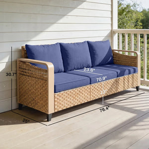 English Elm Backyard Pe Rattan 3-seat Outdoor Sofa with Powder-coated Frame for Patio Lounging Brown,Dark Blue T3971P476449