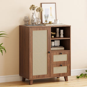 English Elm Rattan Cane Front Sideboard with Drawers Adjustable Shelf Bohemian Storage Cabinet Walnut T3623P434733
