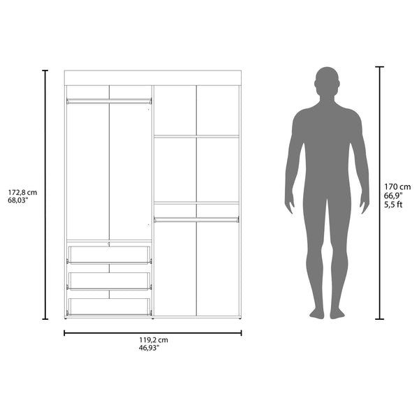 English Elm White 4-Door Wardrobe with Drawers and Shelf — Spacious Concealed Storage, 3 Drawers, 2 Shelves, Timeless White Finish B062S00627