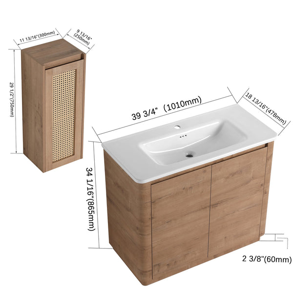 English Elm 40'' Freestanding Bathroom Vanity With Ceramic Sink, Soft-Close Doors & Side Cabinet For Stylish Storage W999S00404