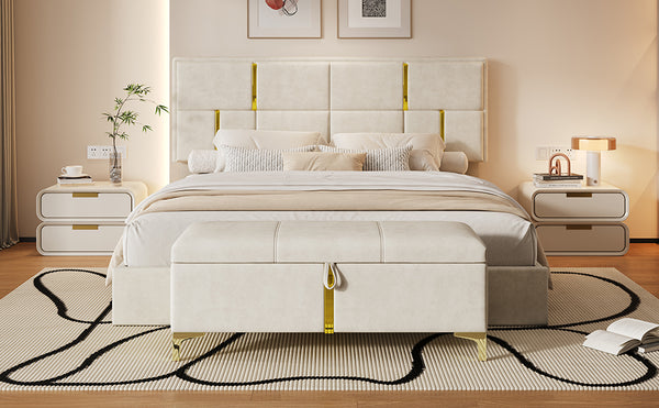 English Elm 2-pieces Queen Platform Bed Set Pu Upholstered Hydraulic Storage with Gold Accent Ottoman N733S362242A