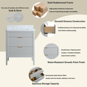English Elm Fully Assembled 30'' Grey Freestanding Bathroom Vanity With Marble Top & Dual Handle Sets - Ready To Use! W1826P308972