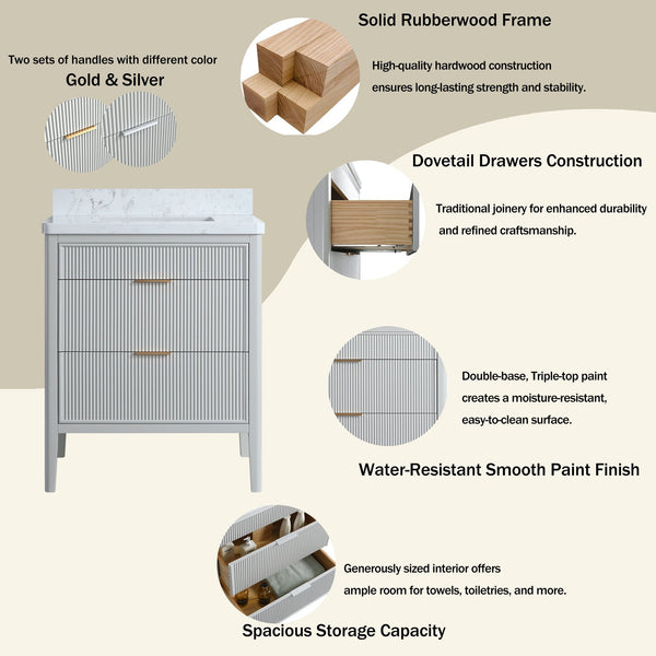 English Elm Fully Assembled 30'' Grey Freestanding Bathroom Vanity With Marble Top & Dual Handle Sets - Ready To Use! W1826P308972