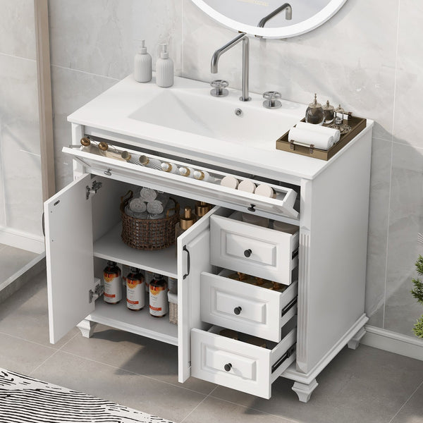 English Elm 36" Elegant Bathroom Vanity With Ceramic Sink, Solid Wood Cabinet, Modern Storage & Black Handles N725P356069K