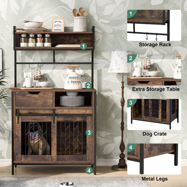 English Elm 2 IN 1 Rustic Dog Crate Side Cabinet Organizer with USB Outlets, Hooks & Sliding Kennel for Dogs N843P256449O