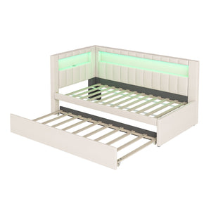 English Elm Upholstered Twin Platform Bed with Trundle, Linen Backrest, Built-In USB Ports & LED Accent Lighting White DL001919AAK