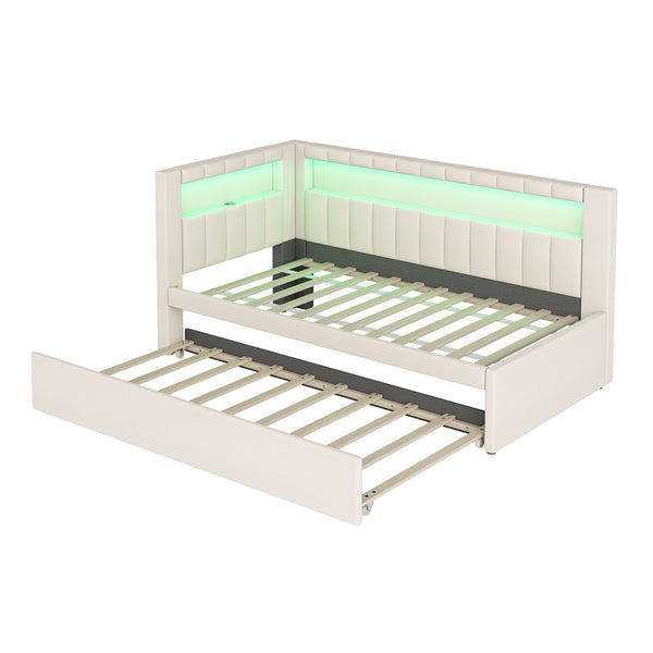 English Elm Upholstered Twin Platform Bed with Trundle, Linen Backrest, Built-In USB Ports & LED Accent Lighting White DL001919AAK