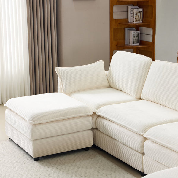 English Elm 136" Plush Cloud Modular 4-Seater Sofa with 2 Ottomans, Beige Corduroy, High-Resilience Foam Comfort, Durable Wood Frame W1829S00064