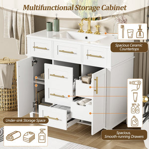 English Elm 36" White Bathroom Vanity Cabinet with Ceramic Sink, Gold Handles, Soft-Close Drawers & Adjustable Shelf N729P204177K