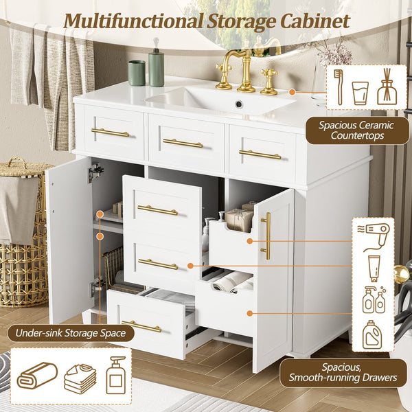 English Elm 36" White Bathroom Vanity Cabinet with Ceramic Sink, Gold Handles, Soft-Close Drawers & Adjustable Shelf N729P204177K