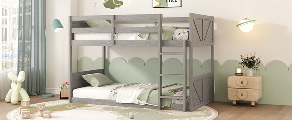 English Elm Twin Twin over Twin Floor Bunk Bed with Rustic Panel Headboards, Solid Rubberwood Frame, Space-Saving Design Antique White W504P263832