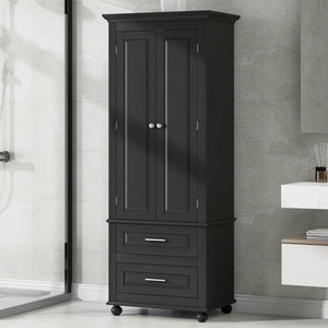 English Elm Tall Slim Storage Cabinet with Adjustable Shelves, 2 Drawers & Doors, Anti-Tip Design for Bathroom Black WF299284AAB