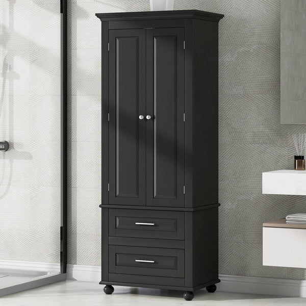 English Elm Tall Slim Storage Cabinet with Adjustable Shelves, 2 Drawers & Doors, Anti-Tip Design for Bathroom Black WF299284AAB
