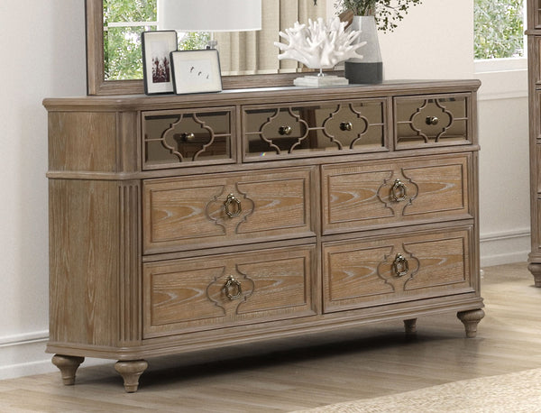 English Elm Simple Contemporary Chest of Drawers with Solid Wood Veneer, Felt-Lined Top Drawer & Metal Handles Oak,Rustic 22 L x 67 W x 39 H B2741P357505