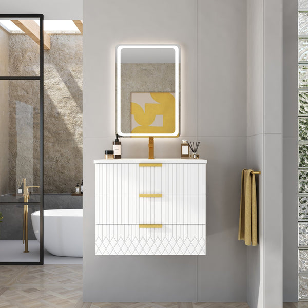 English Elm 24inch Bathroom Vanity with Ceramic Basin Sink, Wall-Mounted Double Drawer Cabinet for Small Baths White N710P324097K