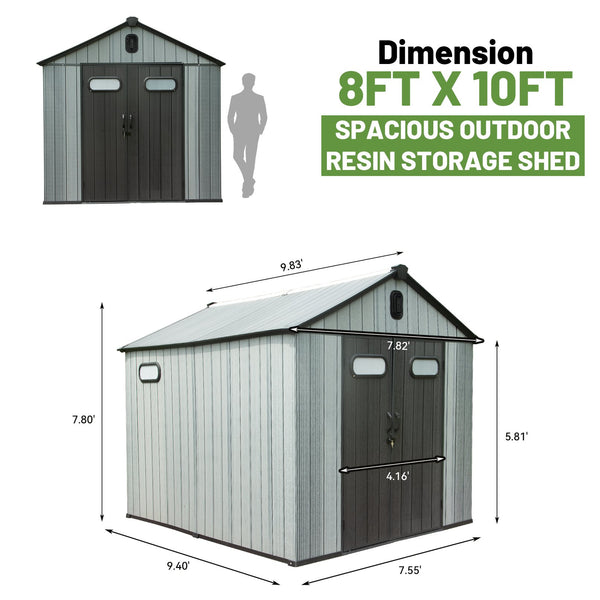English Elm 8x10ft Outdoor Resin Storage Shed Lockable Waterproof Uv Resistant Wood Grain Design W1859S00132