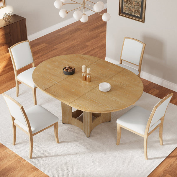 English Elm TOPMAX Solid Wood Extendable Round Dining Set for Small Spaces with 16" Removable Leaf and Cushioned Chairs Natural+Beige SP000091AAN
